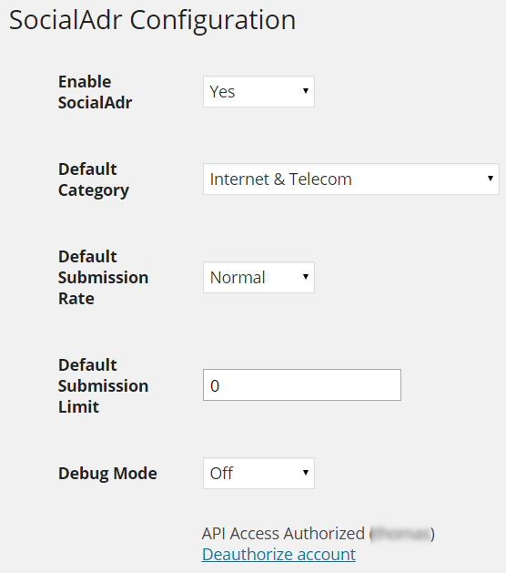 SocialAdr WordPress plugin settings
